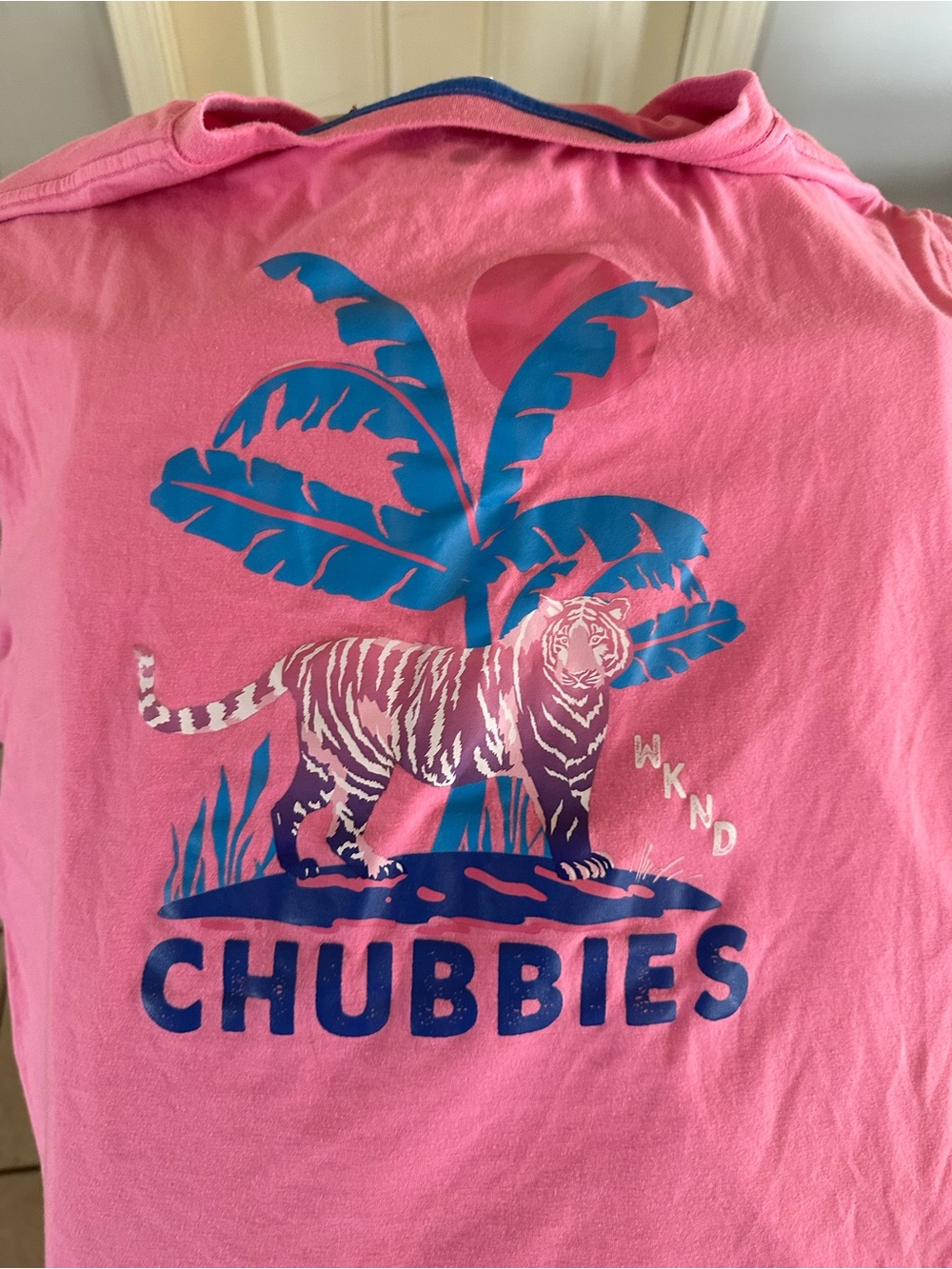 Mens Chubbies  Pink Crewneck Tee with tiger print on back